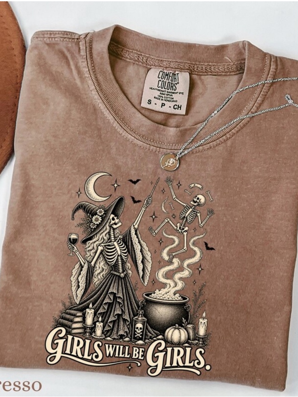 Comfort Colors Espresso 'Girls Will Be Girls' Witch Skeleton Tee